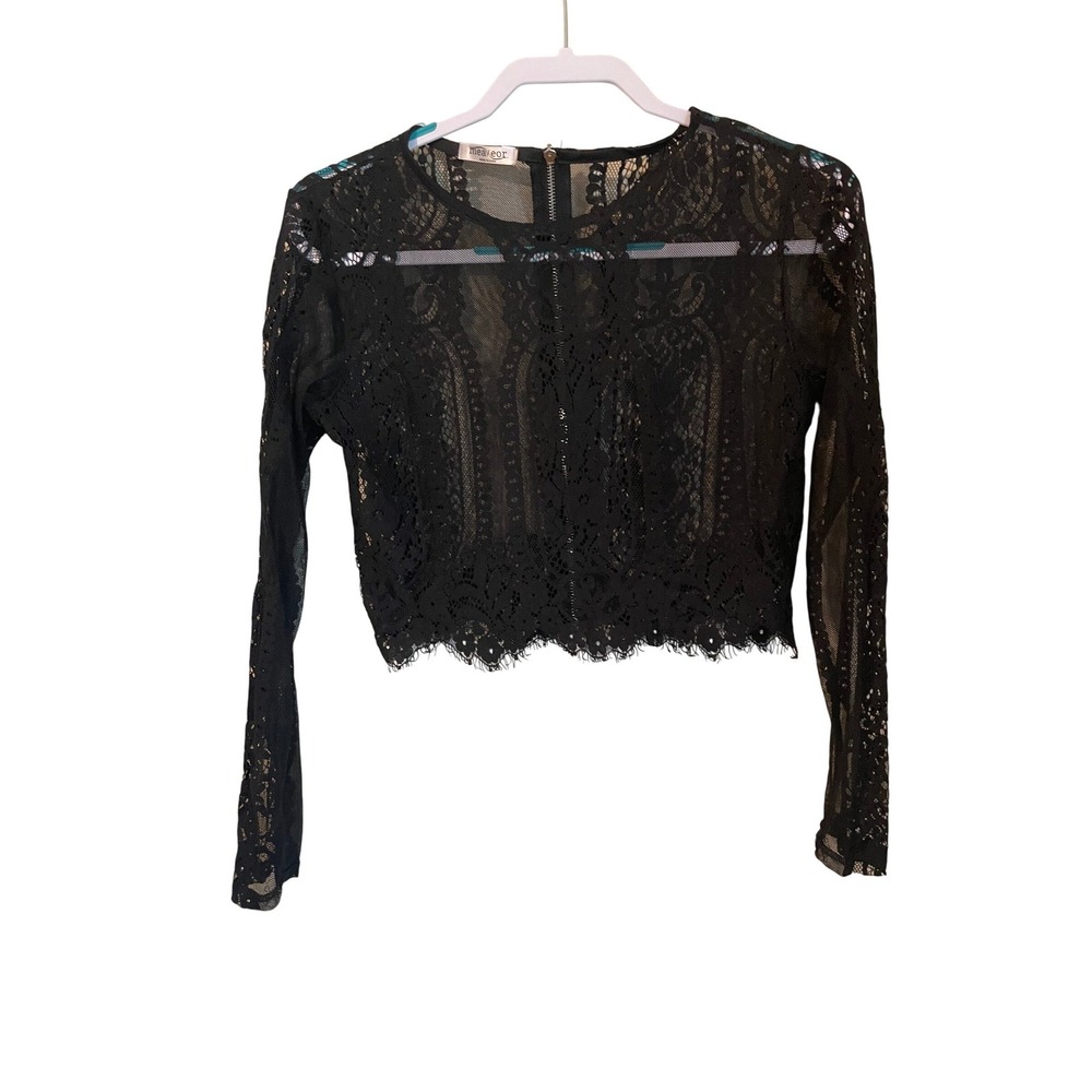 Meaneor Victorian Goth Steampunk Black Lace Sheer Long Sleeve Crop Top Size M